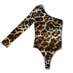Leopard Print One-Shoulder Bodysuit - Brown & Black